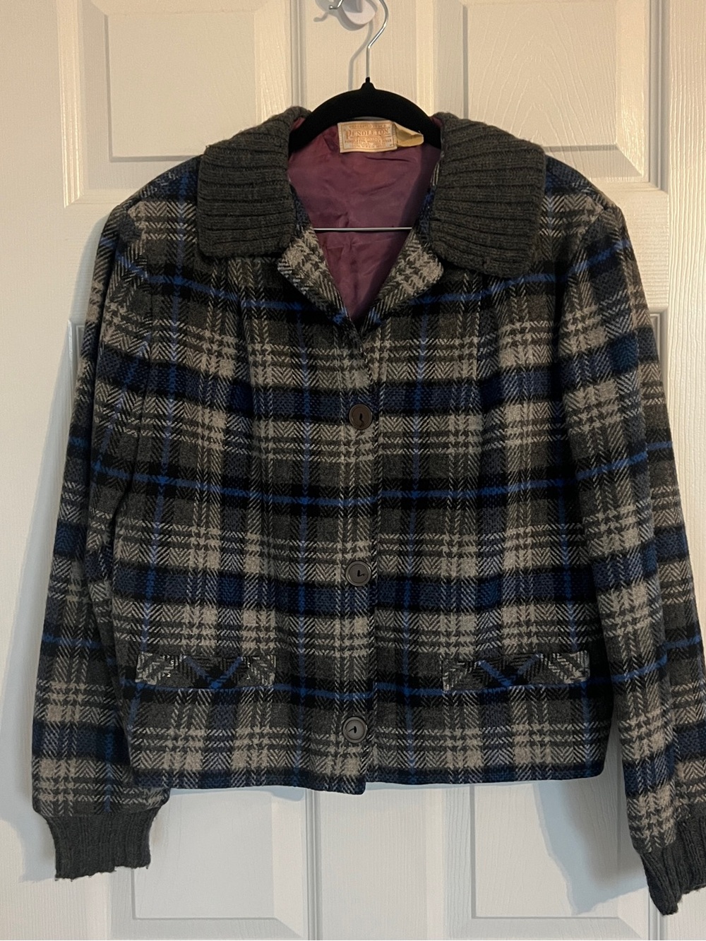 Vintage 1960s Pendleton Plaid Virgin Wool Jacket Blue Gray Women’s 14 USA
